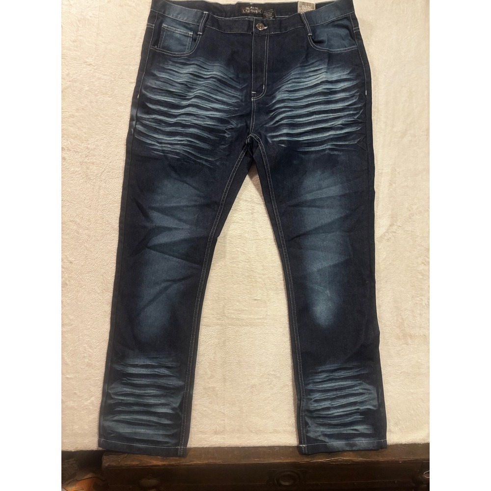NEW Black Lacquer Mens Dark Wash Whiskered Straight Leg Denim Jeans 44x32 Blue